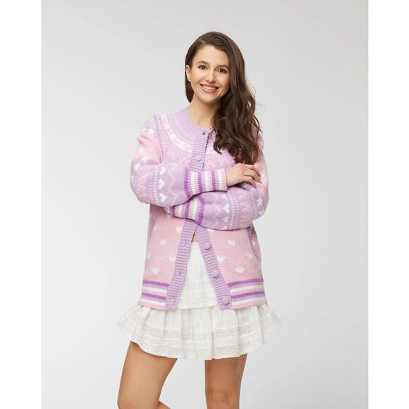 LoveShackFancy Amalo Boyfriend Cardigan Sweater Macaron Pink heart bow size XL - Picture 6 of 16